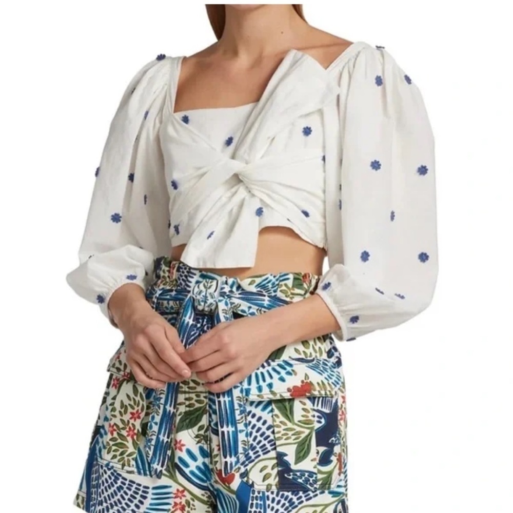 FARM Rio Embroidered Floral Top with Pleated Bow Size Large​​​​​
